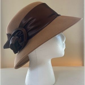 Wool Made in Italy Vintage Cloche Hat Latte Camel with Chocolate Satin Ribbon